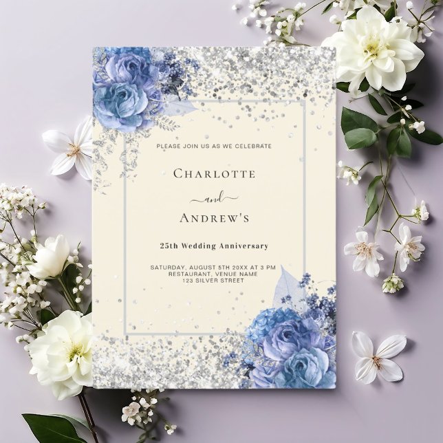 Blue floral cream silver 25th wedding anniversary invitation (Creator Uploaded)