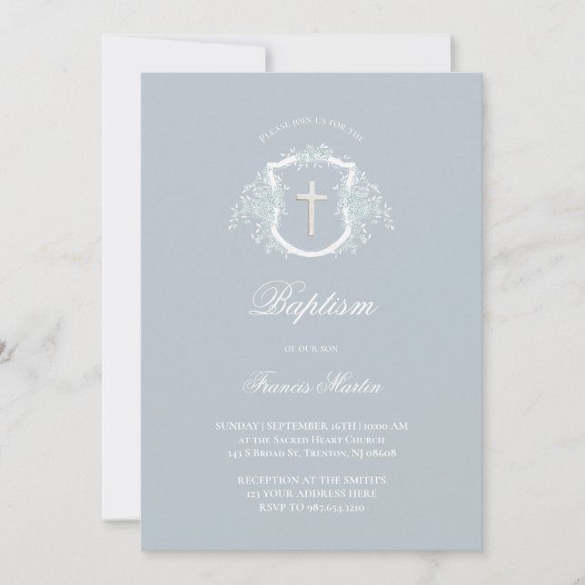 blue floral crest | Baptism Invitation (Front)