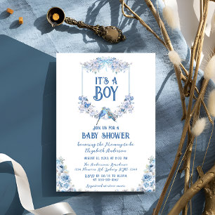 Blue Floral Crest Bow Baby Shower Invitation