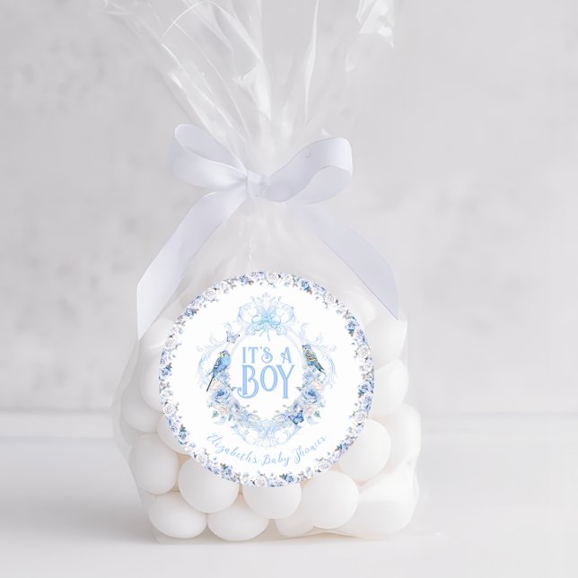 Blue Floral Crest Bow It's a Boy Baby Shower Classic Round Sticker (Creator Uploaded)