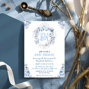 Blue Floral Crest  Its a Boy Baby Shower Invitation