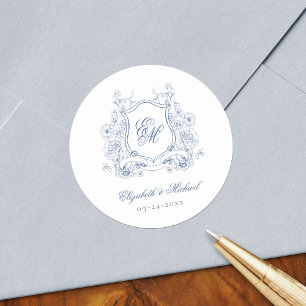Blue Floral Crest Monogram Elegant Wedding Classic Round Sticker