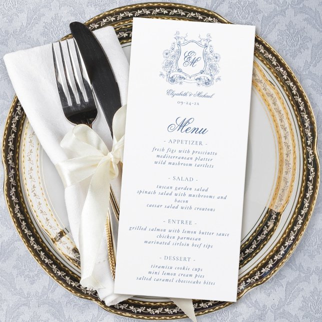 Blue Floral Crest Monogram Elegant Wedding Menu (Creator Uploaded)