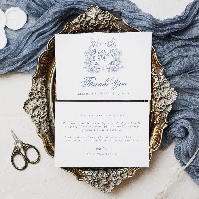 Blue Floral Crest Monogram Elegant Wedding Thank You Card (Creator Uploaded)