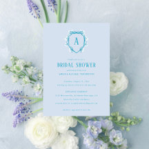 Blue Floral Crest Monogram Initial Bridal Shower