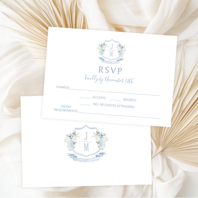 Blue Floral Crest Monogram Wedding RSVP Cards (Creator Uploaded)
