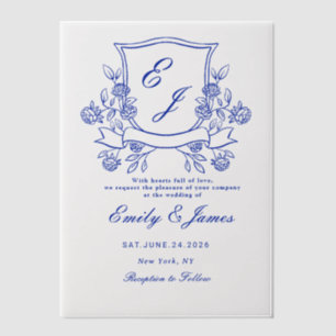 blue Floral Crest Victorian wedding Vellum Invitations