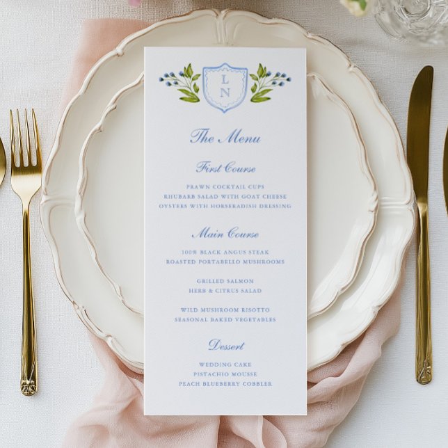 Blue Floral Crest Wedding Menu (Creator Uploaded)