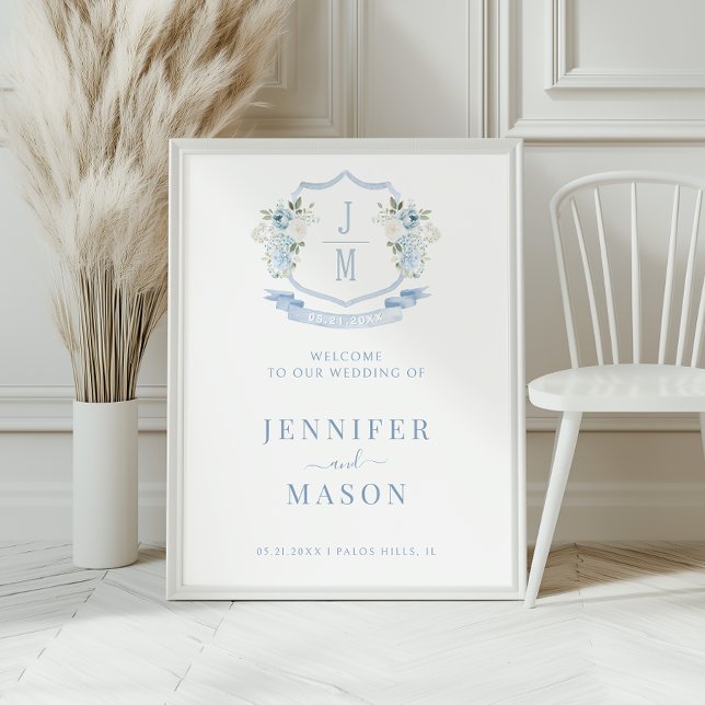 Blue Floral Crest Wedding Welcome Sign Poster (Creator Uploaded)