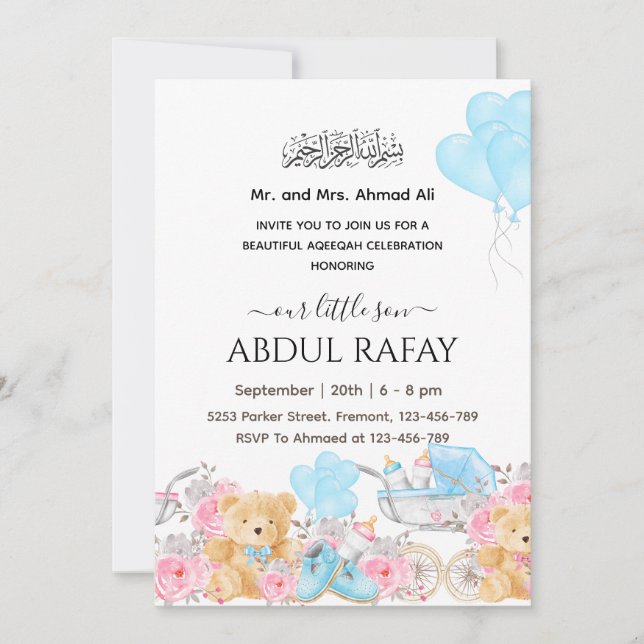 Blue Floral Crib Islamic baby boy Aqiqa Aqeeqa   Invitation (Front)