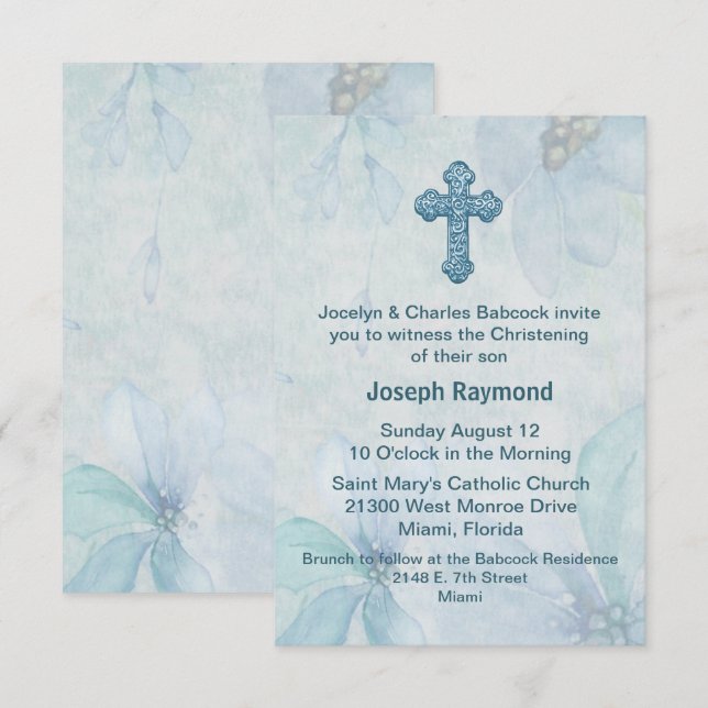 Blue Floral Cross Baby Christening Invitation (Front/Back)