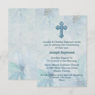 Blue Floral Cross Baby Christening Invitation