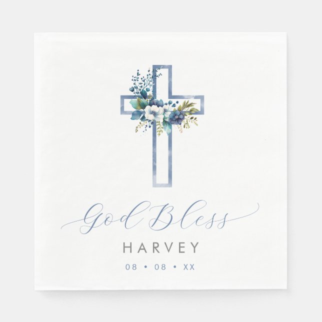 Blue Floral Cross Baby God Bless Baptism Napkin (Front)