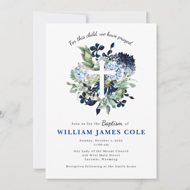 Blue Floral Cross Baptism Invitation (Front)