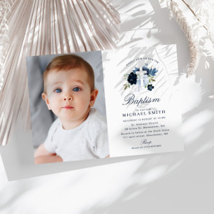 blue floral cross baptism invitation