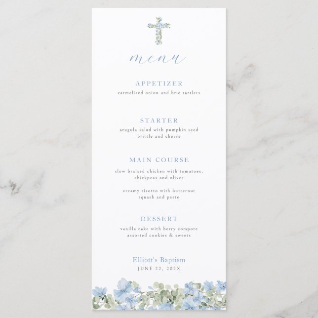 Blue Floral Cross Baptism Menu for Boy Christening (Front)