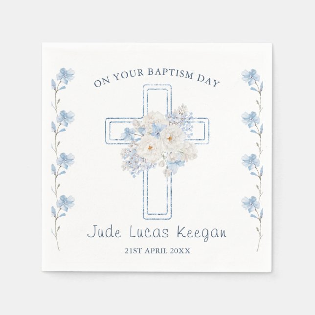 Blue Floral Cross Baptism Paper Napkin (Front)