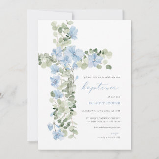 Blue Floral Cross Boy Baptism Invitation