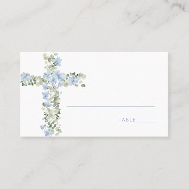 Blue Floral Cross Boy Baptism Place Card (Front)