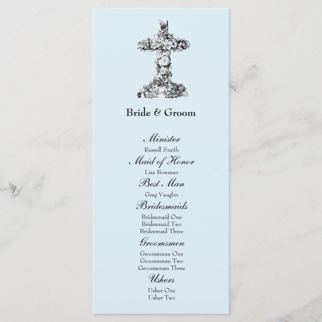 Blue Floral Cross Christian Wedding Program Programme (Front)