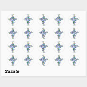 Blue Floral Cross Classic Round Sticker