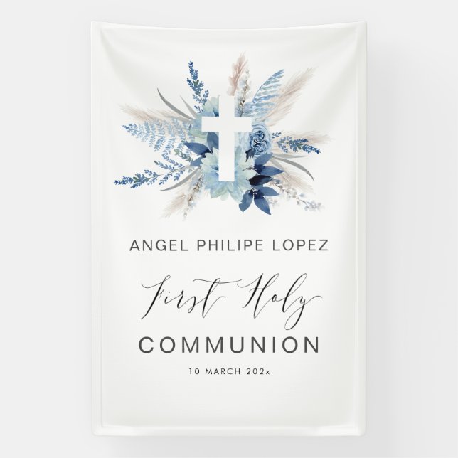 blue floral cross first communion banner (Vertical)