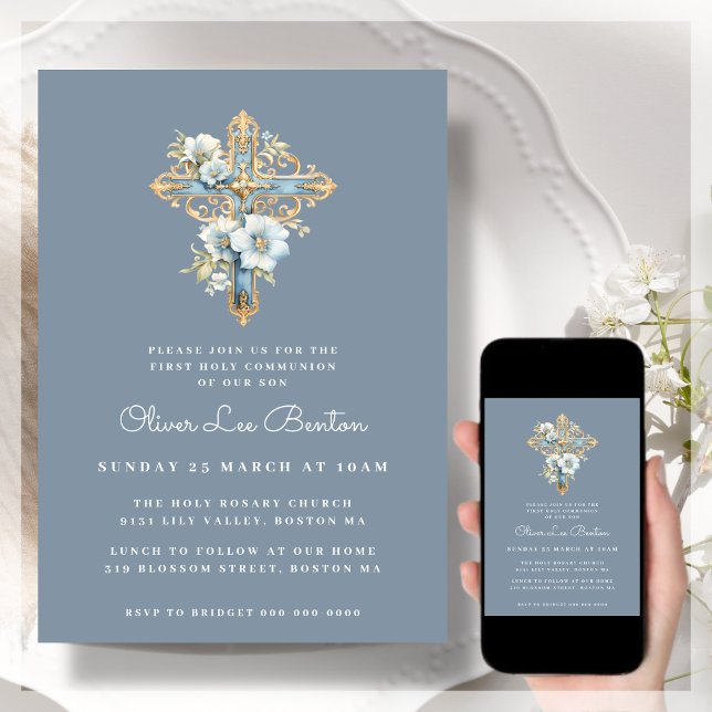 Blue Floral Cross | First Holy Communion Invitation (Creator Uploaded)