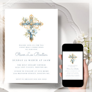 Blue Floral Cross   First Holy Communion Invitation