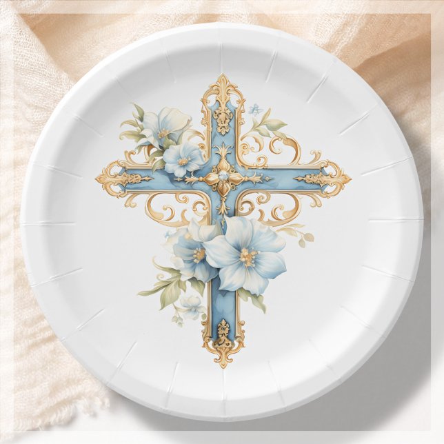 Blue Floral Cross First Holy Communion Paper Plate (Creator Uploaded)