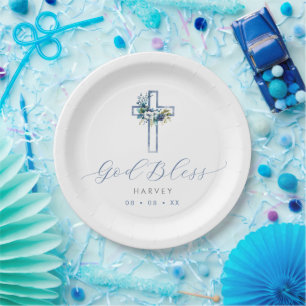 Blue Floral Cross God Bless Baptism Paper Plate