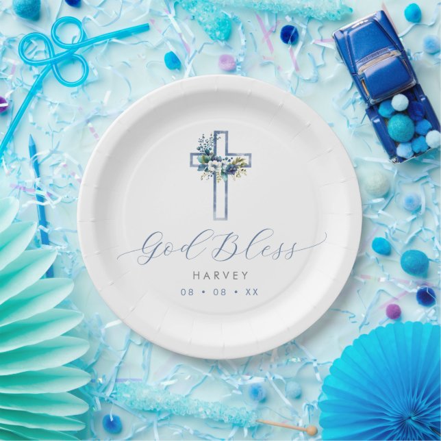 Blue Floral Cross God Bless Baptism Paper Plate (Party)