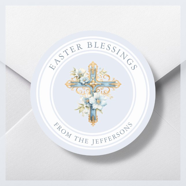 Blue Floral Cross Religious Easter Blessings  Classic Round Sticker (Creator Uploaded)