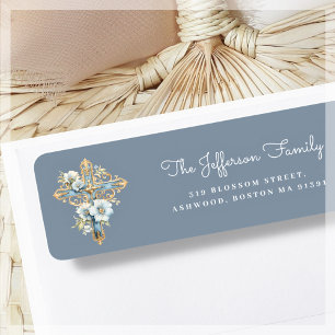 Blue Floral Cross Return Address Label
