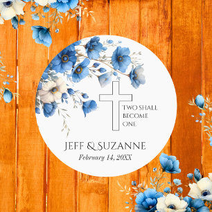 Blue Floral Cross Two Become One Wedding Classic Round Sticker