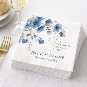 Blue Floral Cross Two Become One Wedding  Napkin