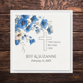 Blue Floral Cross Two Become One Wedding  Napkin
