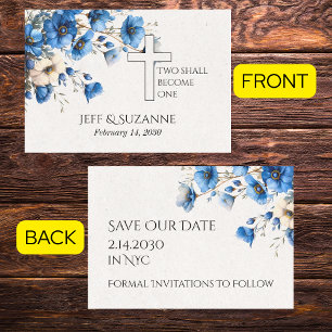 Blue Floral Cross Two Become One Wedding Save The Date