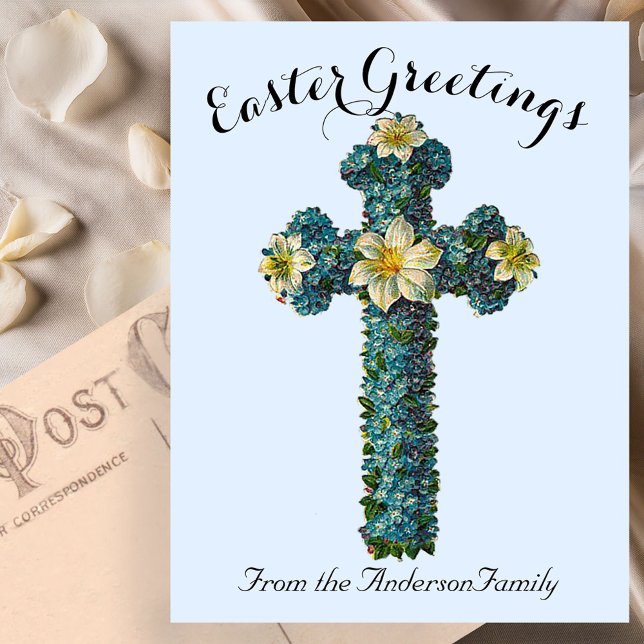 Blue Floral Cross Vintage Easter Religious Postcard (Creator Uploaded)