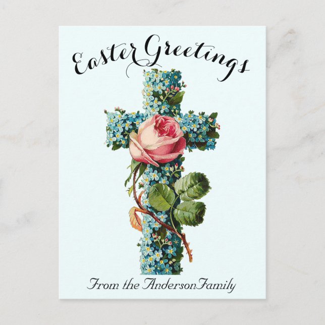 Blue Floral Cross Vintage Easter Religious Postcard (Front)