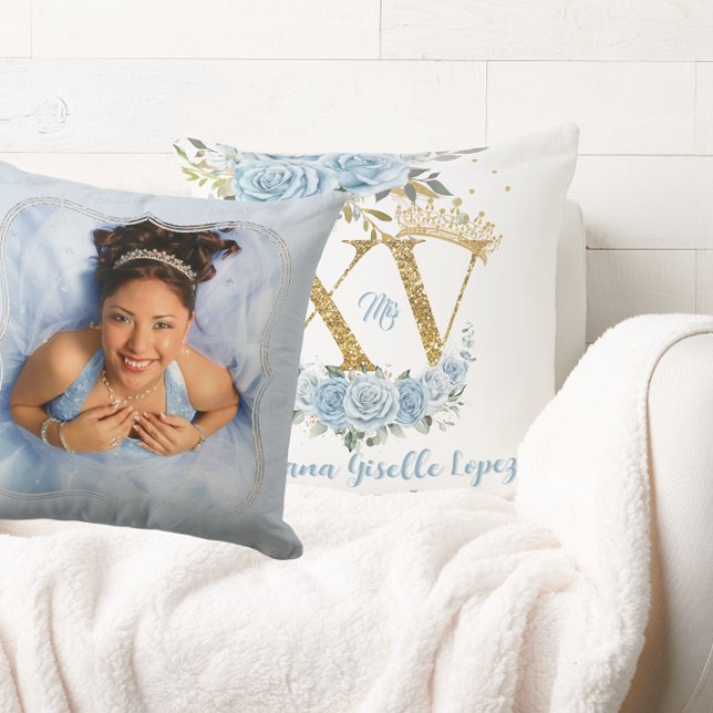 Blue Floral Crown XV QUINCEAÑERA Keepsake Photo Cushion (Creator Uploaded)