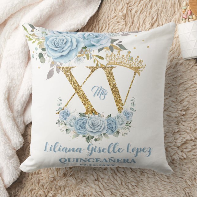 Blue Floral Crown XV QUINCEAÑERA Quince Keepsake Cushion (Blanket)
