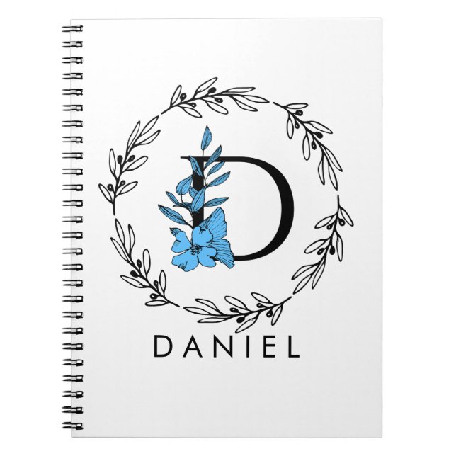 Blue Floral Custom Monogram - Letter D Notebook (Front)