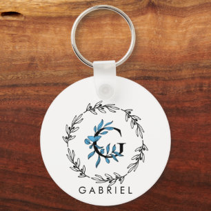 Blue Floral Custom Monogram - Letter G Key Ring