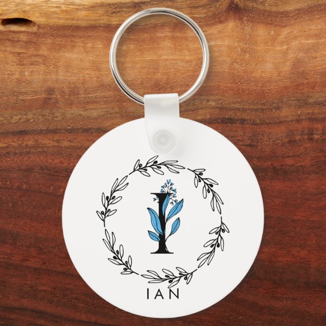 Blue Floral Custom Monogram - Letter I Key Ring (Front)