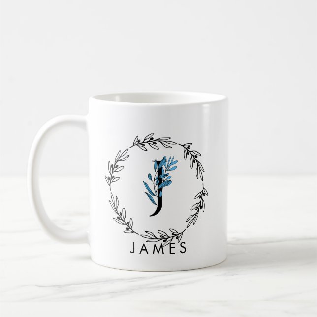 Blue Floral Custom Monogram - Letter J Coffee Mug (Left)