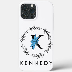 Blue Floral Custom Monogram - Letter K iPhone 13 Pro Max Case