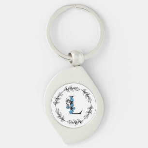 Blue Floral Custom Monogram - Letter L Key Ring