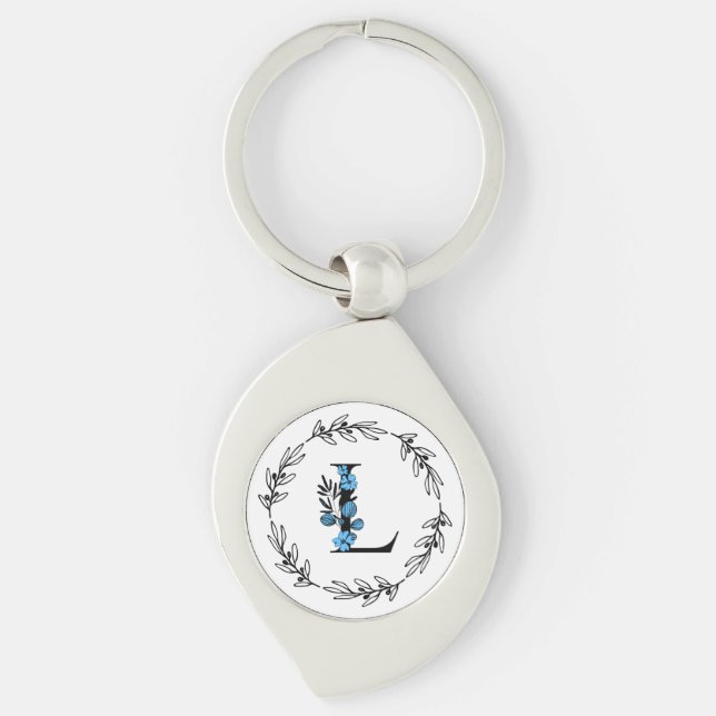 Blue Floral Custom Monogram - Letter L Key Ring (Front)