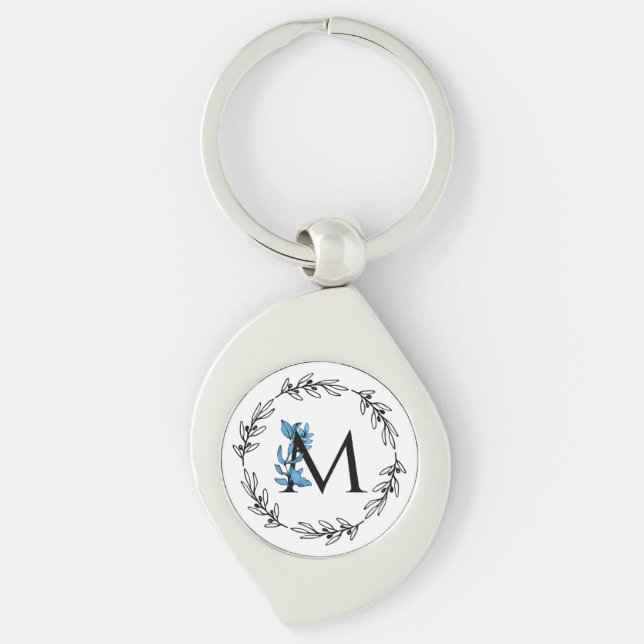 Blue Floral Custom Monogram - Letter M Key Ring (Front)