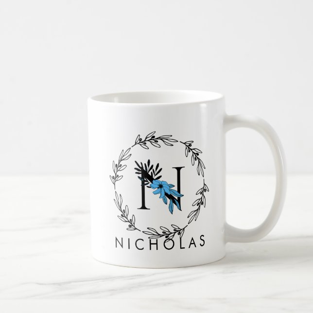 Blue Floral Custom Monogram - Letter N Coffee Mug (Right)